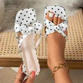 Elegant French style white polka dot bow sandals with square toe and chunky heels. - 35 / White