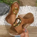 Brown platform cork wedge sandals with decorative gold buckle and rivet details for women - 36 / Khaki