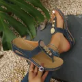 Navy blue wedge thong sandals with metallic gold coin decorations for summer beach - Blue