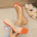 Orange square-toe mules with clear straps and transparent block heels for women - Orange