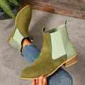 Retro groene suède Chelsea laarzen met krokodillenprint en houten blokhakken. - 36 / Groen