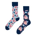 Mismatched crew socks with cute pink winged pig jacquard pattern on blue background. - One Size / Angel Pig