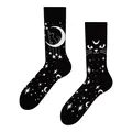 Stylish black and white mismatched cat and moon jacquard crew socks for men and women - One Size / Black Cat on the Moon