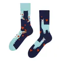 Trendy navy and light blue mismatched crew socks with alpaca and heart jacquard patterns - One Size / Heart Alpaca