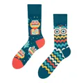 Colorful mismatched mid-calf cotton socks featuring whimsical owl and book jacquard patterns - One Size / Reading Owl