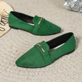 Detailed view of green suede loafers with elegant gold metallic buckle and pointed toe - 35 / Green