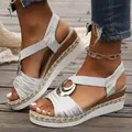 Women's silver wedge sandals with metallic ring ornament and straw woven platform - 38 / White