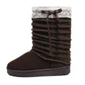 Side profile detail of a brown snow boot showing textured knit shaft and elegant lace trim. - 36 / Tan