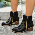 Black suede ankle boots with boho embroidery and block heel for women fashion - 36 / Black