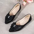 Close-up of elegant black pointed-toe flats with sequined bow and rhinestones - 35 / Bow Rhinestone Flats (A88) / Black