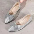 Elegant silver glitter pointed-toe ballet flats with sparkling rhinestone bow decoration - 35 / Bow Rhinestone Flats (A88) / Silver