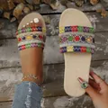 Bohemian style colorful woven slides with natural jute sole for summer beach outings - 36 / Multicolor