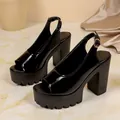 Black patent chunky platform slingback sandals with high block heel and lug sole - 35 / Black