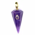 Macro view of purple hexagonal cone pendant with teardrop crystal inlay - Amethyst