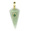 Detailed view of hexagonal pyramid natural stone pendant featuring a green crystal inlay - Aventurine Jade