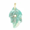 Close-up detail of natural Amazonite stone leaf pendant with gold-plated zircon inlay - Amazonite