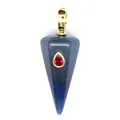 Detailed view of a blue stone cone pendant with an inlaid red teardrop gemstone. - Blue Aventurine