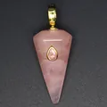 Close-up detail of a hexagonal rose quartz cone pendant with a teardrop pink stone inlay - Rose Quartz