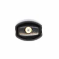 Detail view of a black natural stone barrel bead inlaid with a sparkling zircon - Obsidian