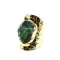 Detailed view of wide gold band ring featuring a raw green crystal stone - Green Fluorite