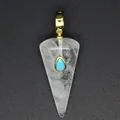 Close-up of white crystal cone pendant with turquoise inlay and gold bail - White Crystal
