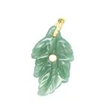 Detailed view of a green natural stone leaf pendant with gold-plated bail and zircon inlay - Aventurine Jade