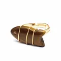 Close-up of handmade wire-wrapped tiger eye stone fish ring with adjustable band. - Fish Shaped Carving (aljylr2064) / Tiger's Eye