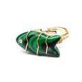 Close-up macro detail of handmade gold wire wrapped green fish ring with adjustable band - Fish Shaped Carving (aljylr2064) / Malachite