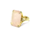 Side detail of a large rectangular faceted pink gemstone ring with ornate gold band - Rose Quartz