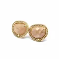 Close-up of faceted natural sunstone stud earrings with gold-plated crystal halo - Sunstone