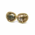 Close-up detail of baroque 24K gold plated stud earrings with natural stone and crystals - Labradorite