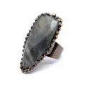 Close-up of retro shield-shaped ring with faceted labradorite and aged copper band. - Labradorite