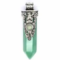 Detailed view of a vintage floral silver-capped green crystal hexagonal column pendant - Aventurine Jade