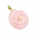 Detail view of a hand-carved pink rose quartz nautilus pendant with zircon accent - Rose Quartz