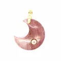 Detail of natural purple stone moon pendant with sparkling zircon inlay and gold bail - Strawberry Quartz