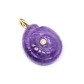 Detailed view of a purple carved natural stone ammonite pendant with a central zircon. - Amethyst