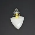 Detailed macro shot of a faceted white quartz triangle aromatherapy bottle pendant - White Crystal / Gold