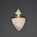Detailed close-up view of triangular rose quartz crystal essential oil bottle pendant - Rose Quartz / Gold