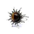 Verstellbarer Ring im Vintage-Sonnendesign mit poliertem Naturstein aus Tigerauge-Detail - Sonnenmotiv Offener Ring / Tigerauge