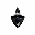 Detailed macro view of a faceted black obsidian triangular perfume bottle pendant for oils - Obsidian / Silver