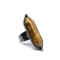 Close-up detail of a vintage tiger eye hexagonal stone ring with beaded metal border setting - Adjustable (aljylr2005) / Tiger's Eye