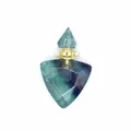 Detail of a triangular fluorite crystal essential oil bottle pendant with gold trim. - Colorful Fluorite / Gold