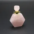 Detailed macro view of a faceted hexagonal rose quartz stone perfume bottle pendant - Rose Quartz-Gold