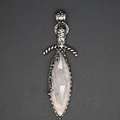 Close-up of a natural crystal stone sword pendant with intricate silver carvings. - Rose Quartz