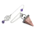 Detail view of a vintage natural stone inverted pyramid crystal pendulum with purple beads. - Rhodonite