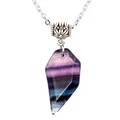 Close-up of geometric natural fluorite pendant with vibrant purple and blue bands. - Colorful Fluorite
