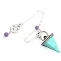 Close-up of retro turquoise inverted pyramid pendulum with silver pentagram charm - Turquoise