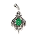 Detailed view of vintage silver fox tail pendant with oval green agate stone inlay. - Green Agate