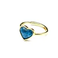 Close-up of the heart-shaped blue crystal gemstone on this elegant gold-plated open ring - Apatite