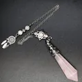 Rose quartz hexagonal crystal pendulum with hexagram and dreamcatcher charms. - Rose Quartz